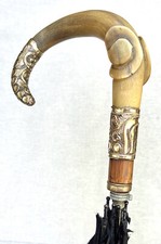 Vintage Antique Carved Cattle Horn Gold Filled Handle Tent Parasol Umbrella Old