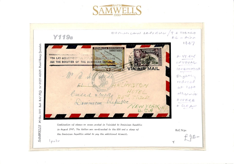 TRINIDAD & DOMINICAN REP Combination Cover Air Mail USA New York 1947 Y119b - Image 3 of 4