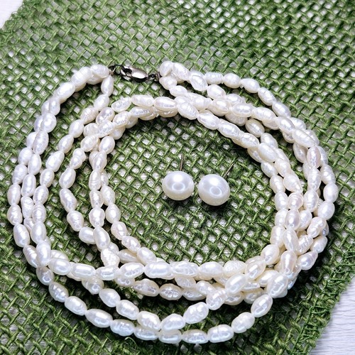 White Fresh Water Pearl Button Earrings Necklace 3 Strand Large Rice 925 Finding - Picture 3 of 6