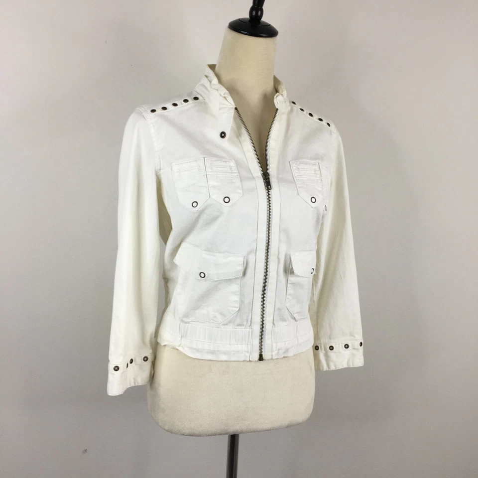 DA-NANG Womens sz Small/XS Ivory Zip Back Hem Circle Hardware Cropped Jacket - Image 4 of 4
