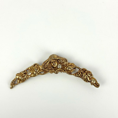 Vintage Art Nouveau Maiden Woman Brooch Pin Gold Plated c 1940's Rare Repousse