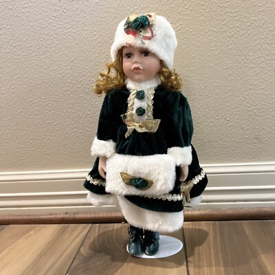 Christmas Porcelain Doll In Green Velvet Dress New Show Stoppers Happy Holiday