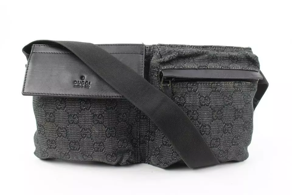 Vintage GUCCI GG Monogram Blue Grey Black Denim Canvas Leather Belt Bum  Fanny Pack Waist Bag