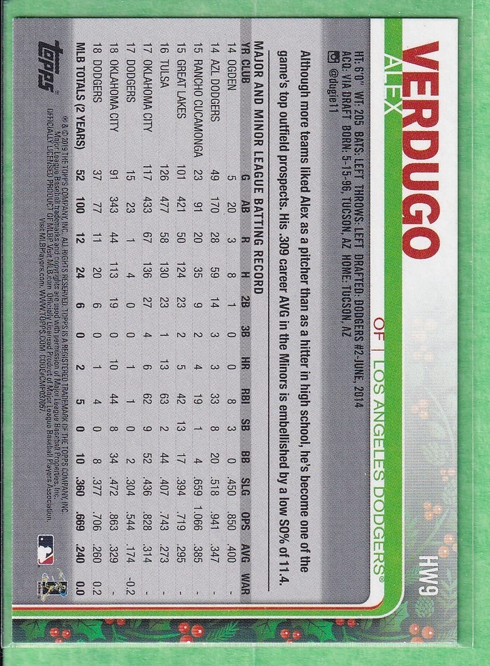 2019 Topps Holiday Walmart Metallic Snowflake #HW9 Alex Verdugo LA Dodgers - Image 2 of 2