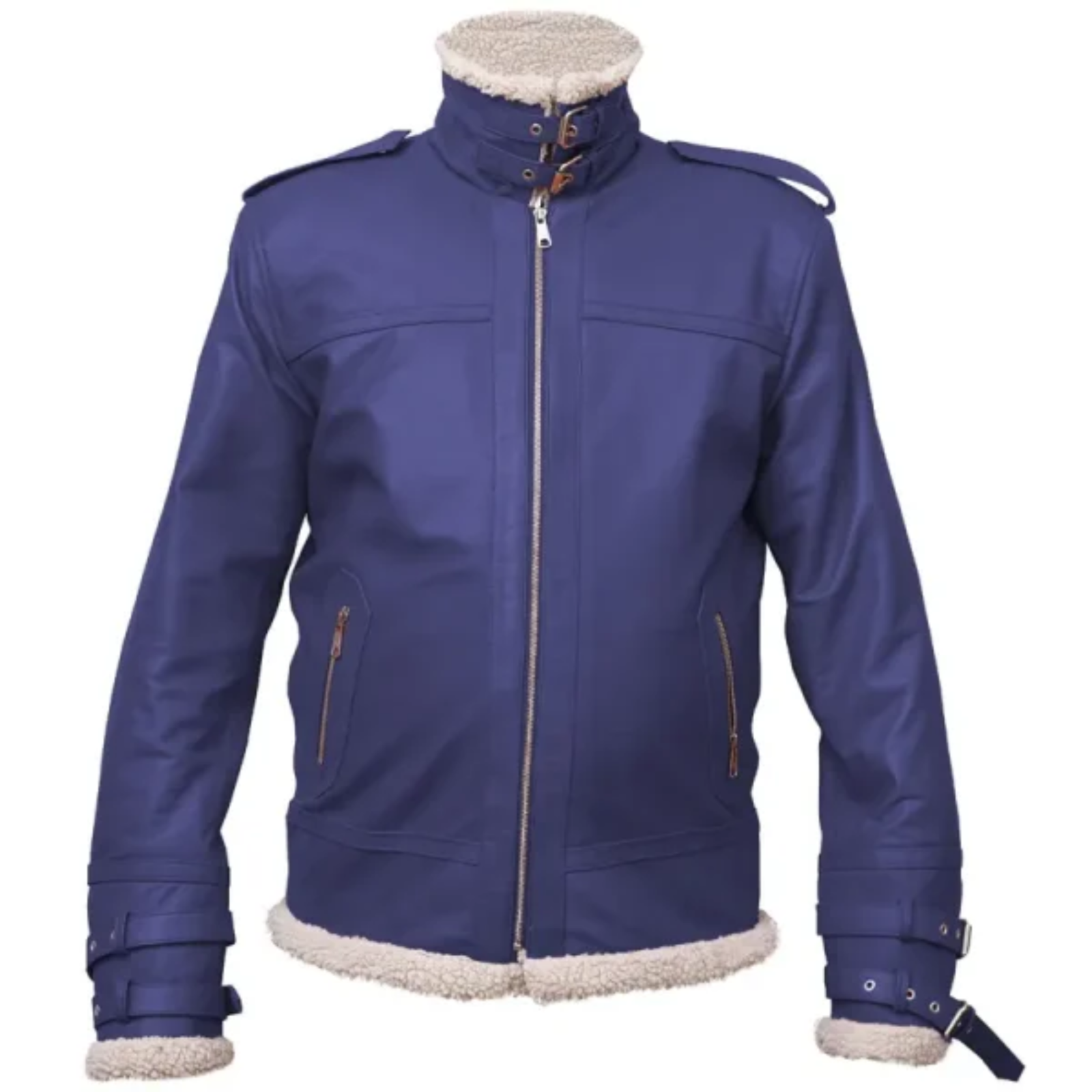 Men’s Shearling Lined Aviator Leather Jacket Blue Winter Coat Warm Jacket