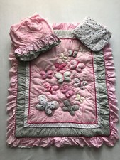 Just Born Antique Chic Crib Comforter Sheet Skirt Pink Gray Butterfly Design