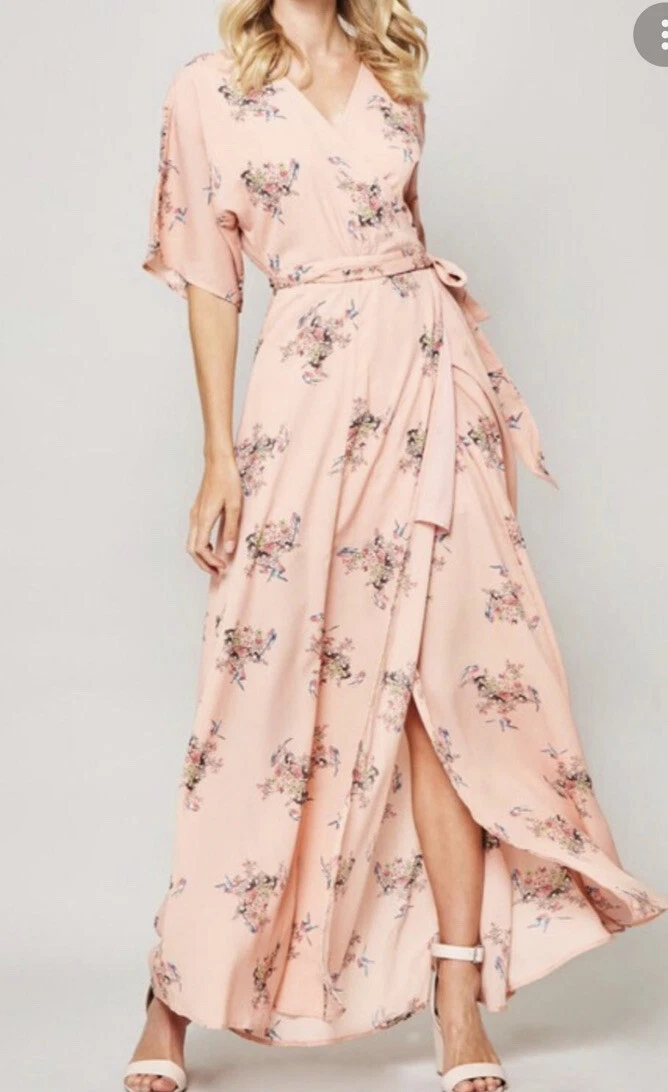 Peach floral wrap dress discount