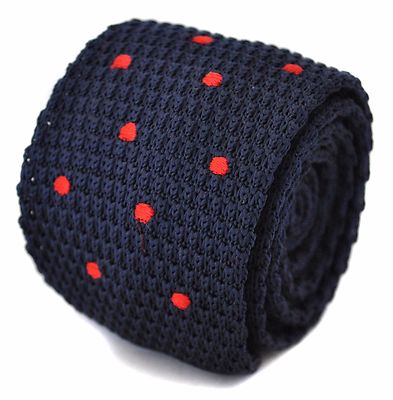 Cravate Tricotée Frederick Thomas Soie - Bleu Marine à Pois Vert Pâle, Skinny