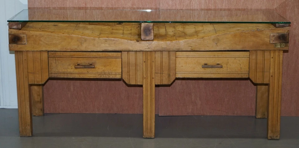 RESTAURADA CIRCA 1920 HENNES FRANCIA CARNICEROS MESA BRONCEADOS SOPORTES TAPA DE VIDRIO Foto 2 de 4