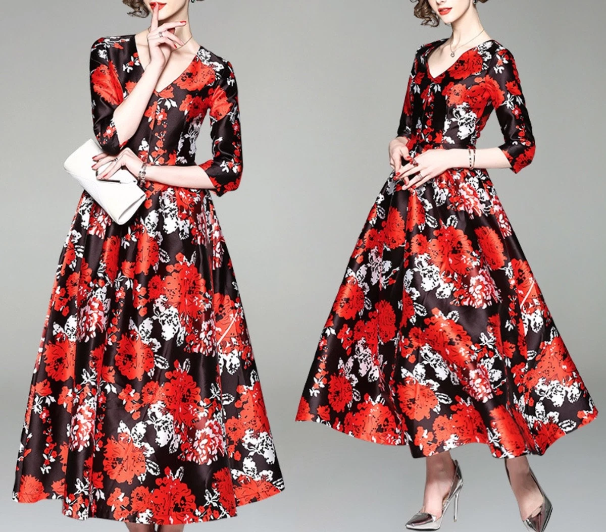 Vestito Donna Abito Lungo Stampa Floreale Rosso e Nero Woman Maxi
