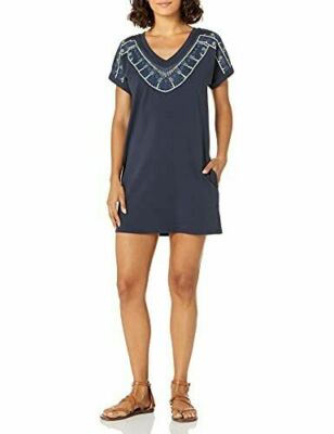 NIC + ZOE Indigo Embroidered V-Neck Pier Perfect Knit T-Shirt Summer Dress S 4/6