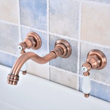 Antique Red Copper 3 hole Wall Mount Bathroom Basin Faucet Dual Ceramic Handle