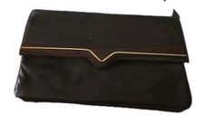 Vintage Dark Brown Clutch Purse Gold Tone V Hardware Accents Evening Bag