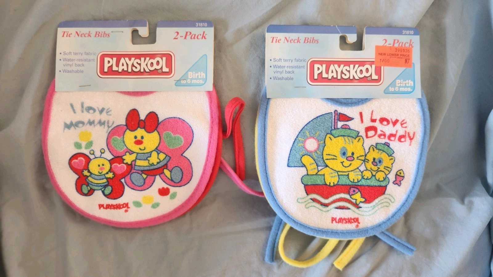 Vintage 1993 New Playskool Tie Neck Bibs I Love my Mommy/Daddy - Two/pack
Opens in a new window or t