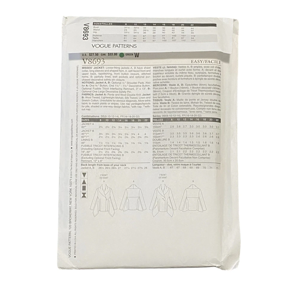 VOGUE 8693 Marcy Tilton SHAWL Collar Jacket SEWING Pattern SIZE 8 10 12 14 UNCUT - Image 3 of 4