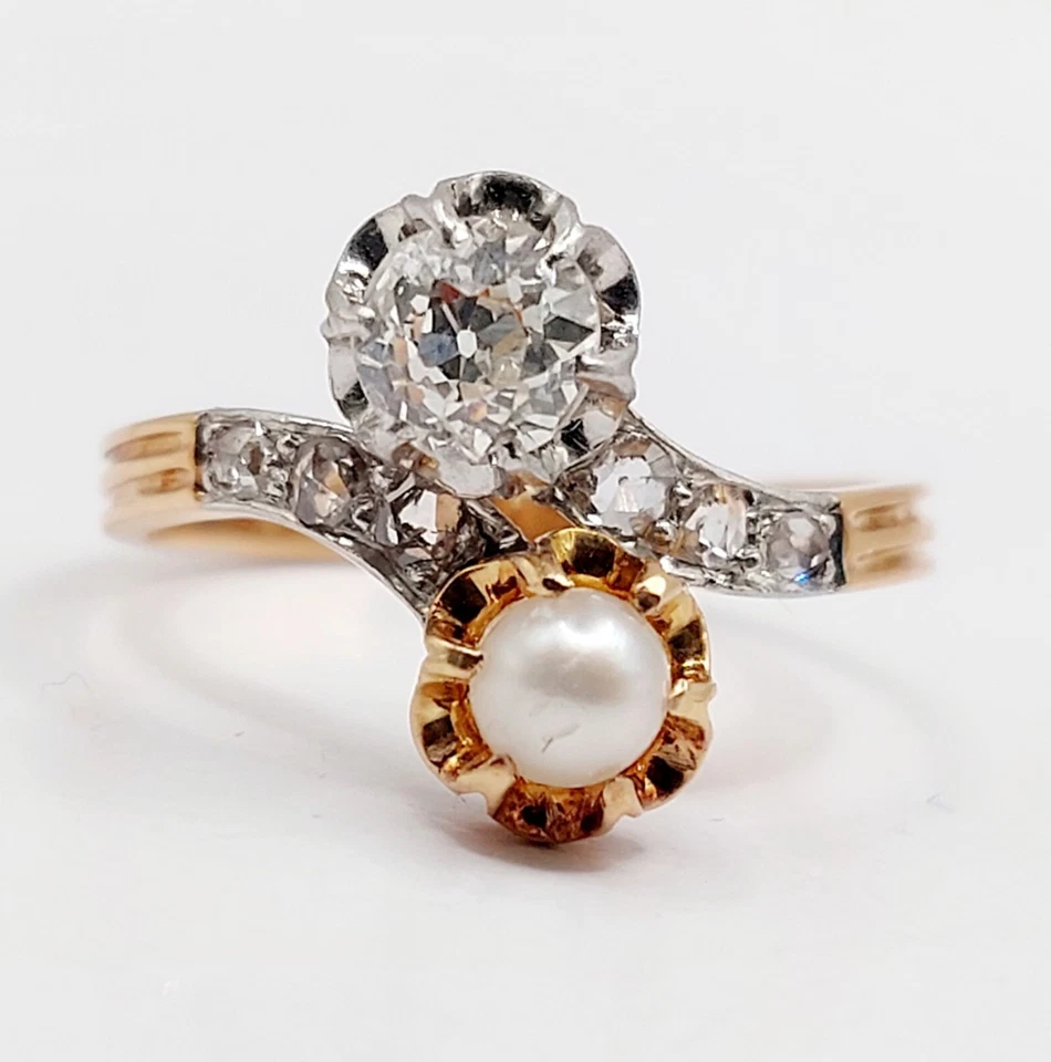 Anillo antiguo de oro rosa 18k diamante talla antigua y perla (alrededor de 1... - Imagen 1 de 4