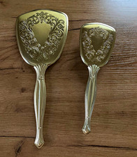 Ornate Vintage Metal Hand Mirror and Matching Brush Set Vanity Accessories