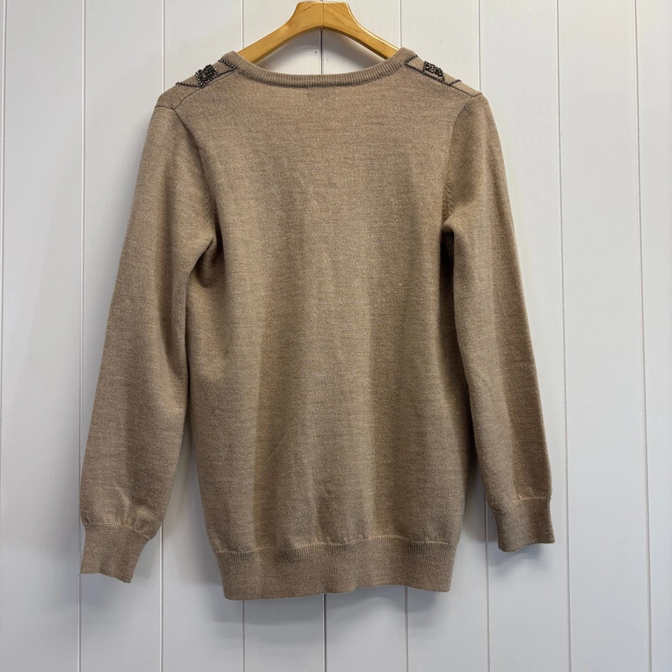 Vintage Wallace Women Glam Neutral Beaded Merino Wool V Neck Sweater Size S Soft - Image 2 of 4