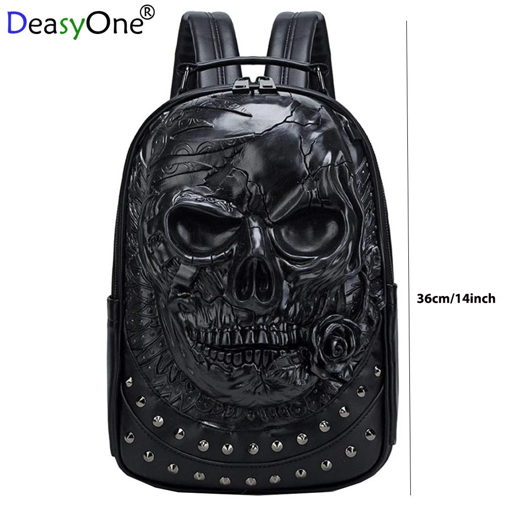 3D Skull Leather Shoulder Backpacks Men Women Luxury Fashion Travel College Bags