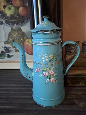 Cafetieres Ancienne / Bleu Emaille Est Roses - Photo 1/4