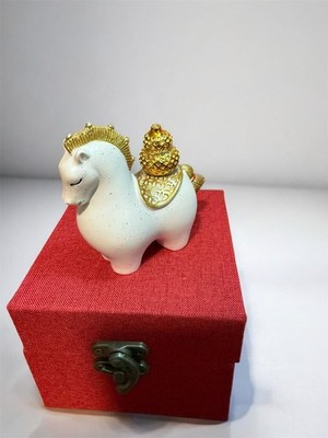Lucky White Horse Figurine on Red Gift Box   Gold Accent Decorative Keepsake