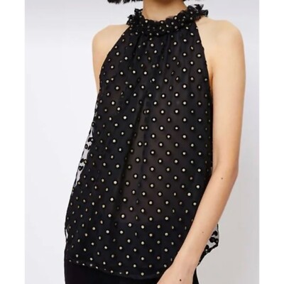 LOFT petites black polka dot halterneck top NYE blouse gold metallic party new L