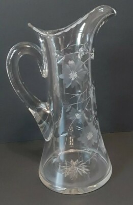 Vtg. Wheel Cut Floral Botanical Motif Clear Glass Water/Lemonade 1.5 Qt. Pitcher
