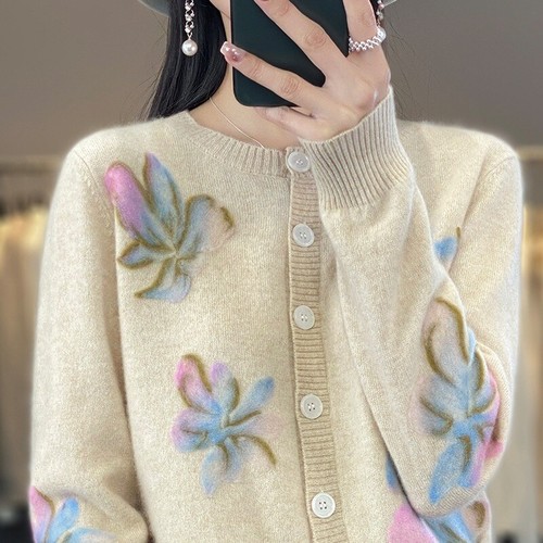 Fashion Womens Wool Cardigans Round Neck Floral Printed Loose Coat Sweaters - Picture 3 of 16