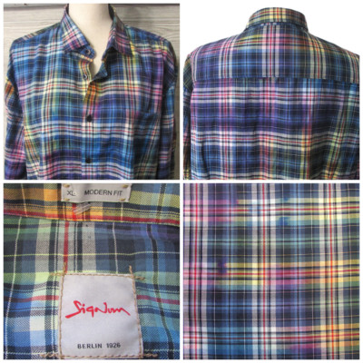 Signum Berlin Mens XL Modern fit Plaid Shirt Modern Fit Multi New Germany Pocket