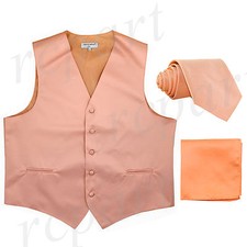 New Men's peach formal vest Tuxedo Waistcoat necktie hankie set wedding party