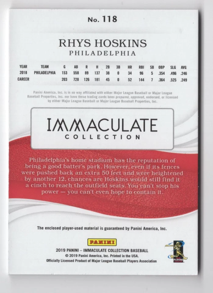 2019 Panini Immaculate Collection Red Rhys Hoskins Philadelphia Phillies #118 - Image 2 of 2