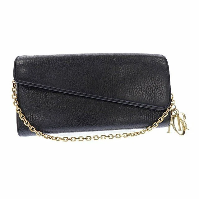 Auth Christian Dior Chain Purse #5001 Long Wallet Charm Black/Pink Leather