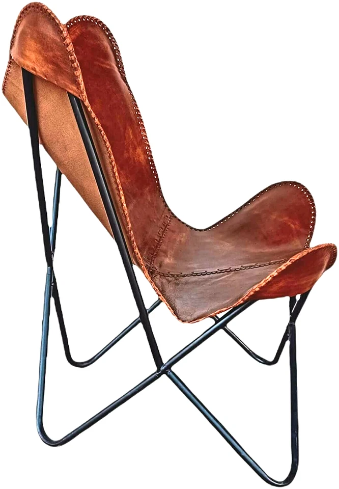 Chaise Papillon En Cuir Véritable Marron Chaise Longue Pliable Industrielle - Photo 3/4
