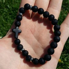 DURA BRACCIALE PIETRA VULCANICA NERO LAVA NERA MODA STILE CON CROCE CIONDOLO bc