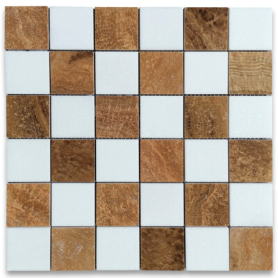 T258XH Thassos White Yellow Woodgrain Marble Checkerboard Mosaic Tile Honed