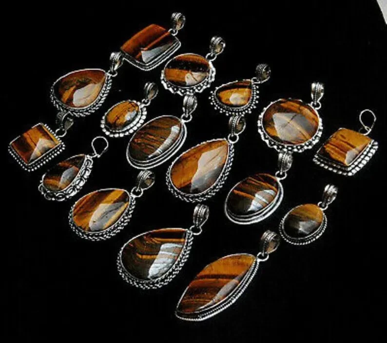 ¡Lote al por mayor!!! Colgante de piedras preciosas ojo de tigre, colgante enchapado en plata 925 hecho a mano ~ Foto 2 de 2