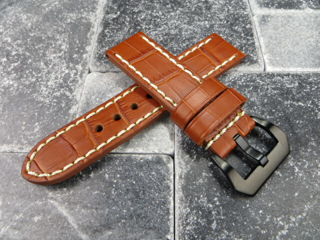 Bracelet De Montre En Cuir Grainé Crocodile 24mm Noir - Neuf, Compatible Panerai, Style Pré-V