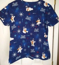 Frosty The Snowman Womens Size S Blue Scrub Top Shirt Medical Nurse Christmas 