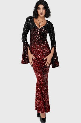 Killstar Hexemore Sequin Maxi Dress Womens V-Neck Flared Sleeve Goth Alternative