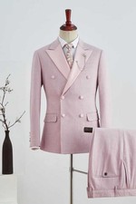 Men Pink Suit Double Breasted Jacket Satin Peak Lapel Party Business