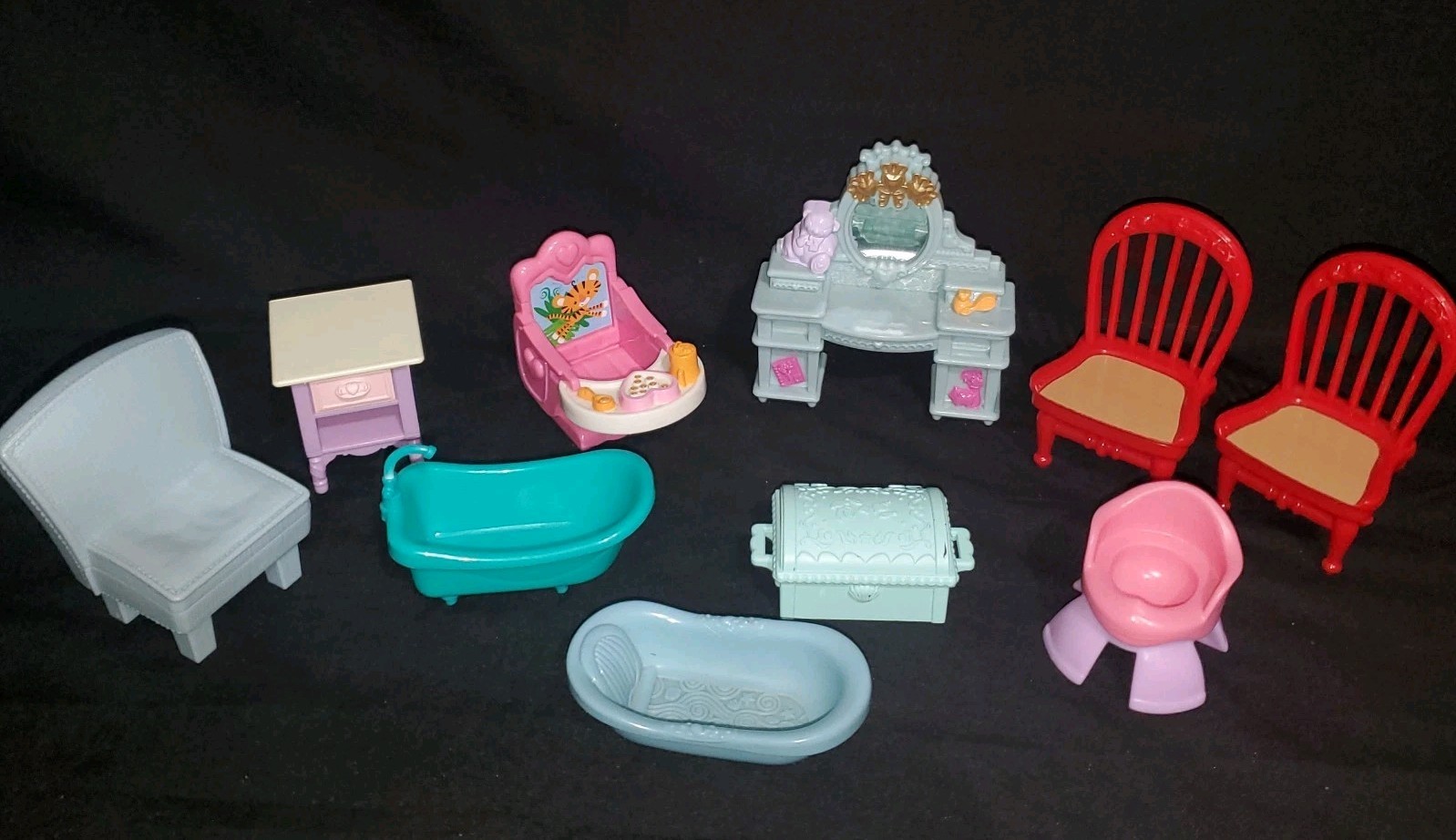 Mixed Lot Of Plastic Dollhouse Furniture, Chairs, Highchair, Vanity, Chest