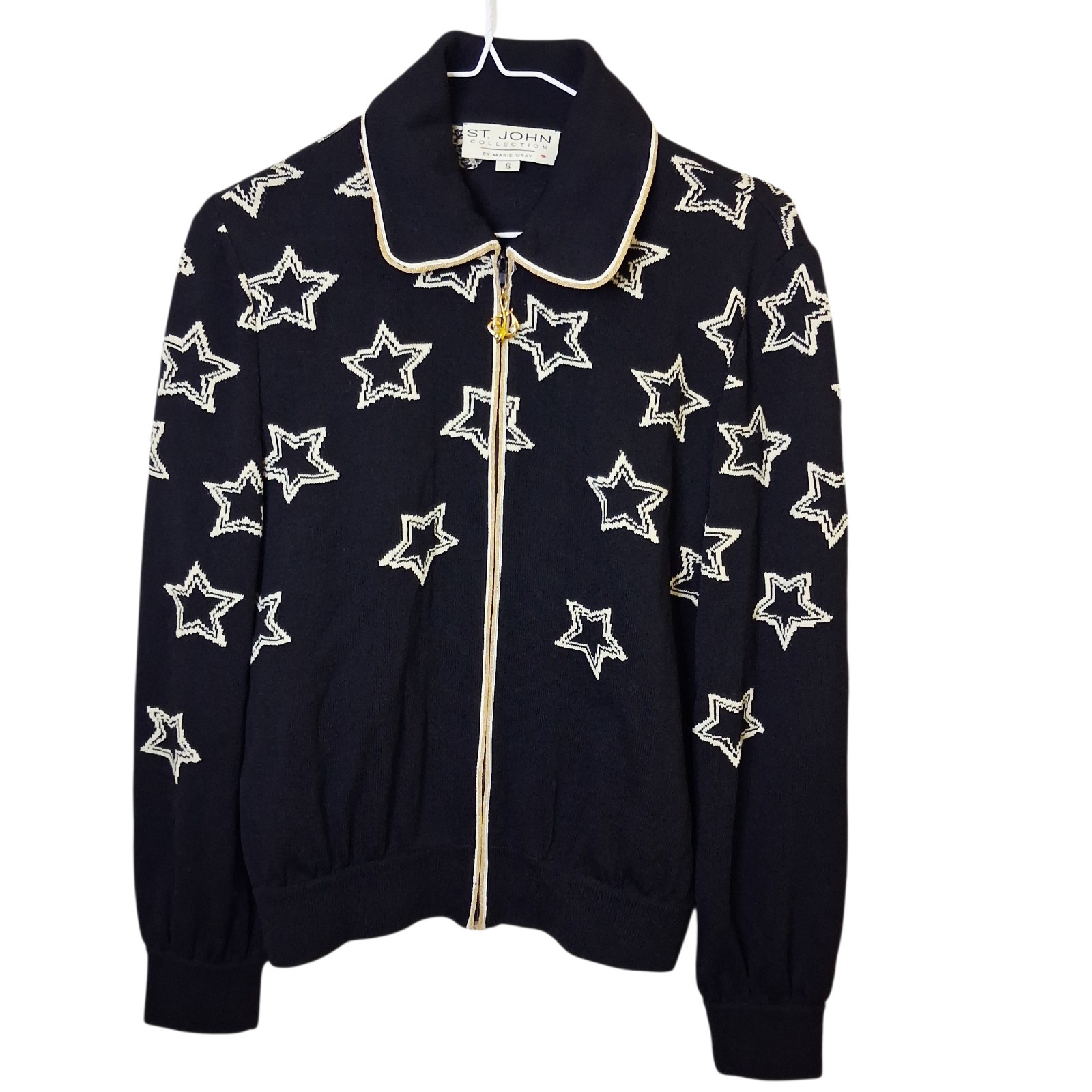 St John Collection Sz S Cream Black Gold Stars Rhinestone Santana Knit Jacket