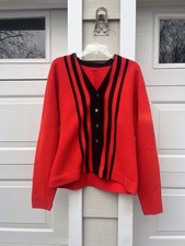 Vintage 1950s 1960s Red Black Wool Striped Cardigan Knit Sweater L/XL