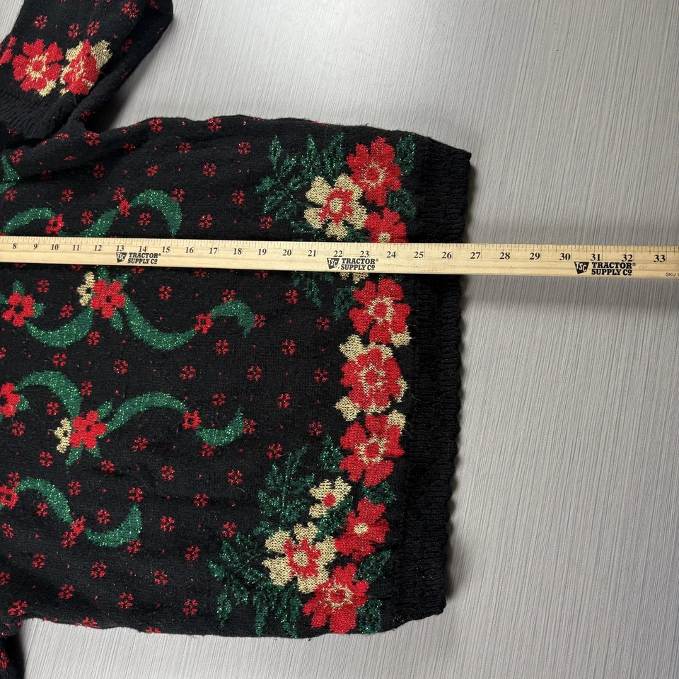 Suéter Vintage Dana Scott Mujer Mediano Negro Rojo Floral Navidad Pullover Años 90 Foto 3 de 4