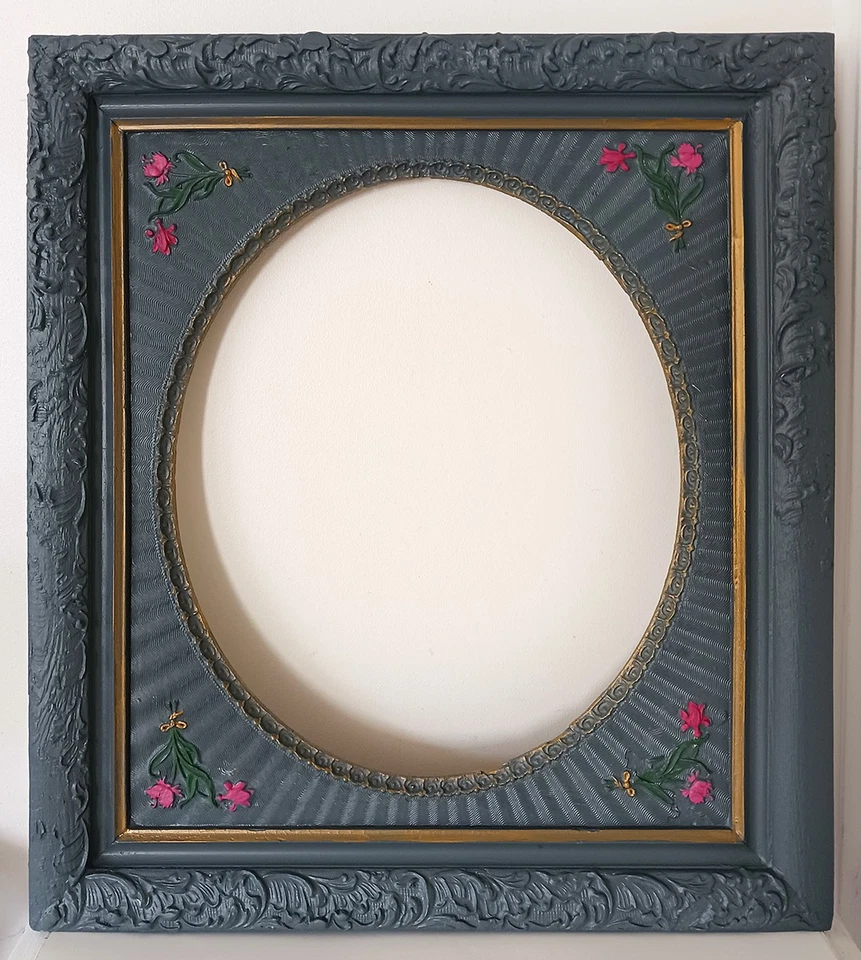 Antiguo marco de mira victoriano floral ornamentado reina azul y dorado ovalado 16 x 19 Foto 3 de 4