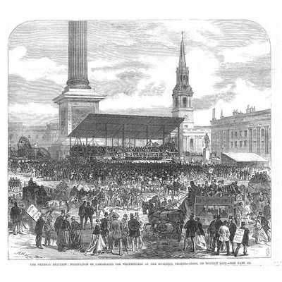 LONDON General Election Hustings at Charing Cross - antiker Druck 1868