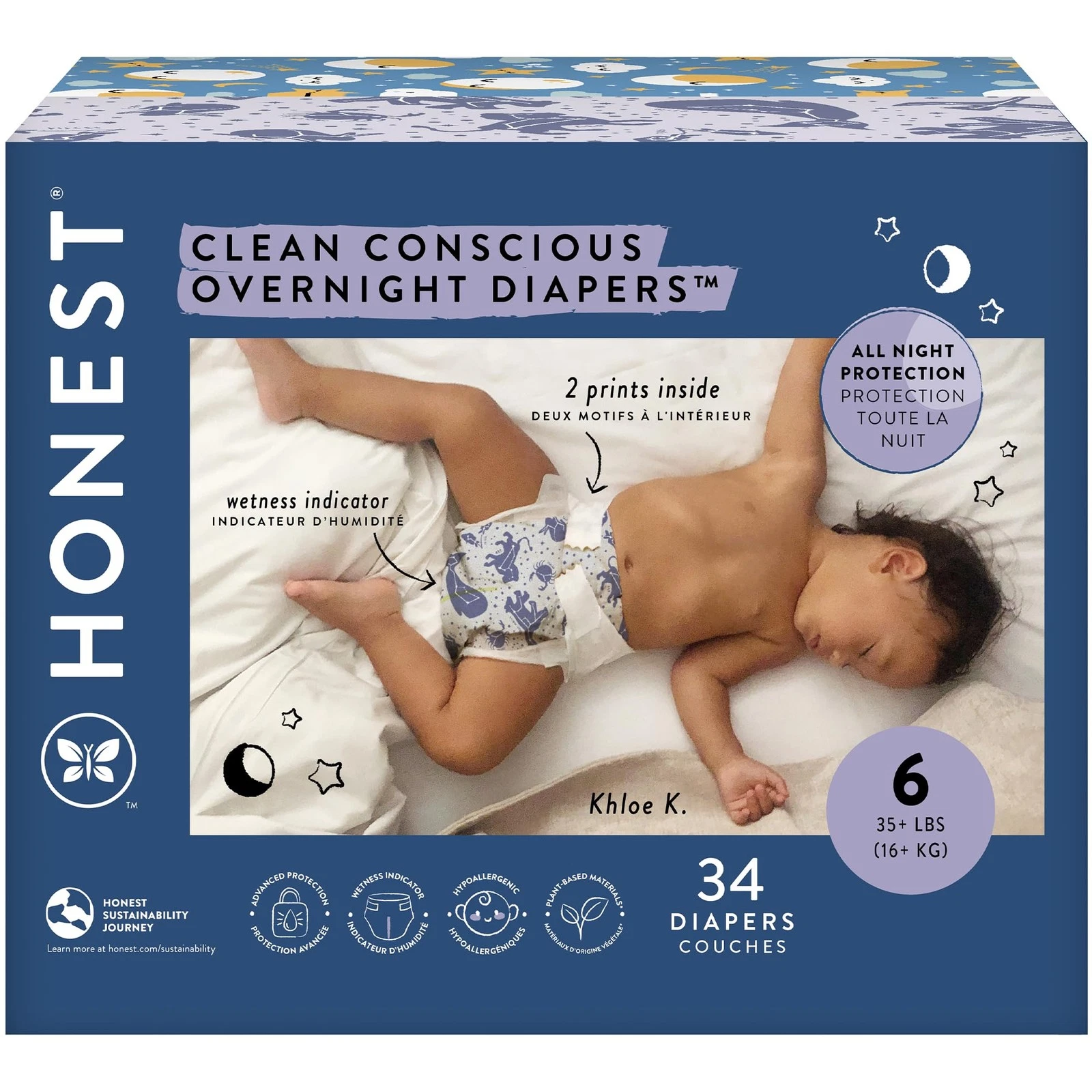 Honest Company Clean Conscious Overnight Diapers Size 6 35+ lbs 34 Count