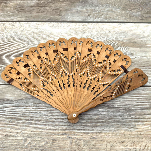 Vintage Folding Hand Fan Wooden Filigree Carved Wood 12” Damaged Read