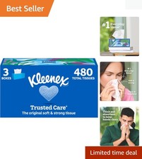 Trusted Care Facial Tissues, 3 Flat Boxes, 160 Tissues per Box, 2-Ply 480 Tot...