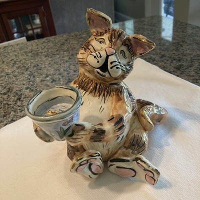 Blue Sky Ceramics 2000 Heather Goldminc Zany Cat Tealight Candle Holder Mint